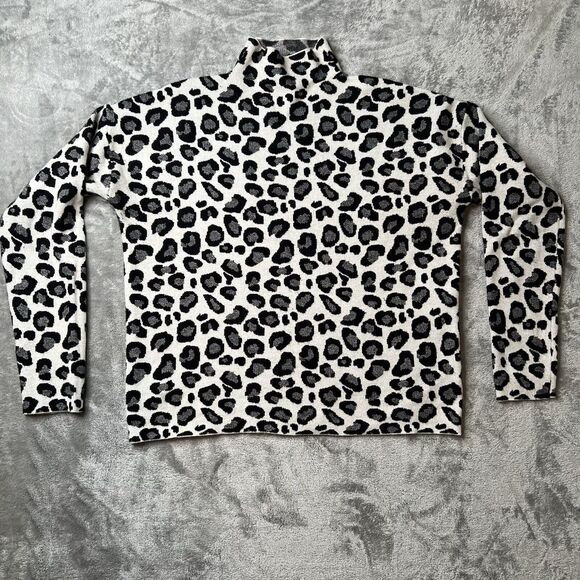 Tahari Sweater Womens Large White Black Leopard Print Mock Neck Soft Stretch - Picture 1 of 6